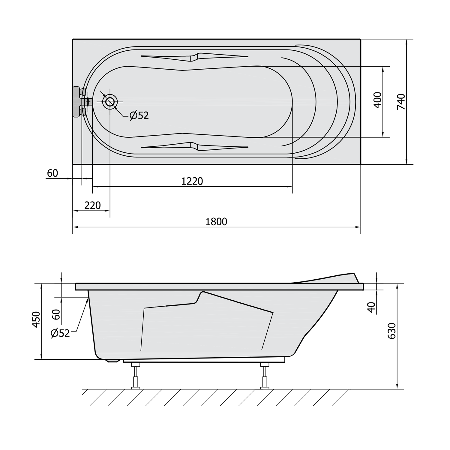 ADRIANA obdélníková vana 180x74x45cm, bílá
